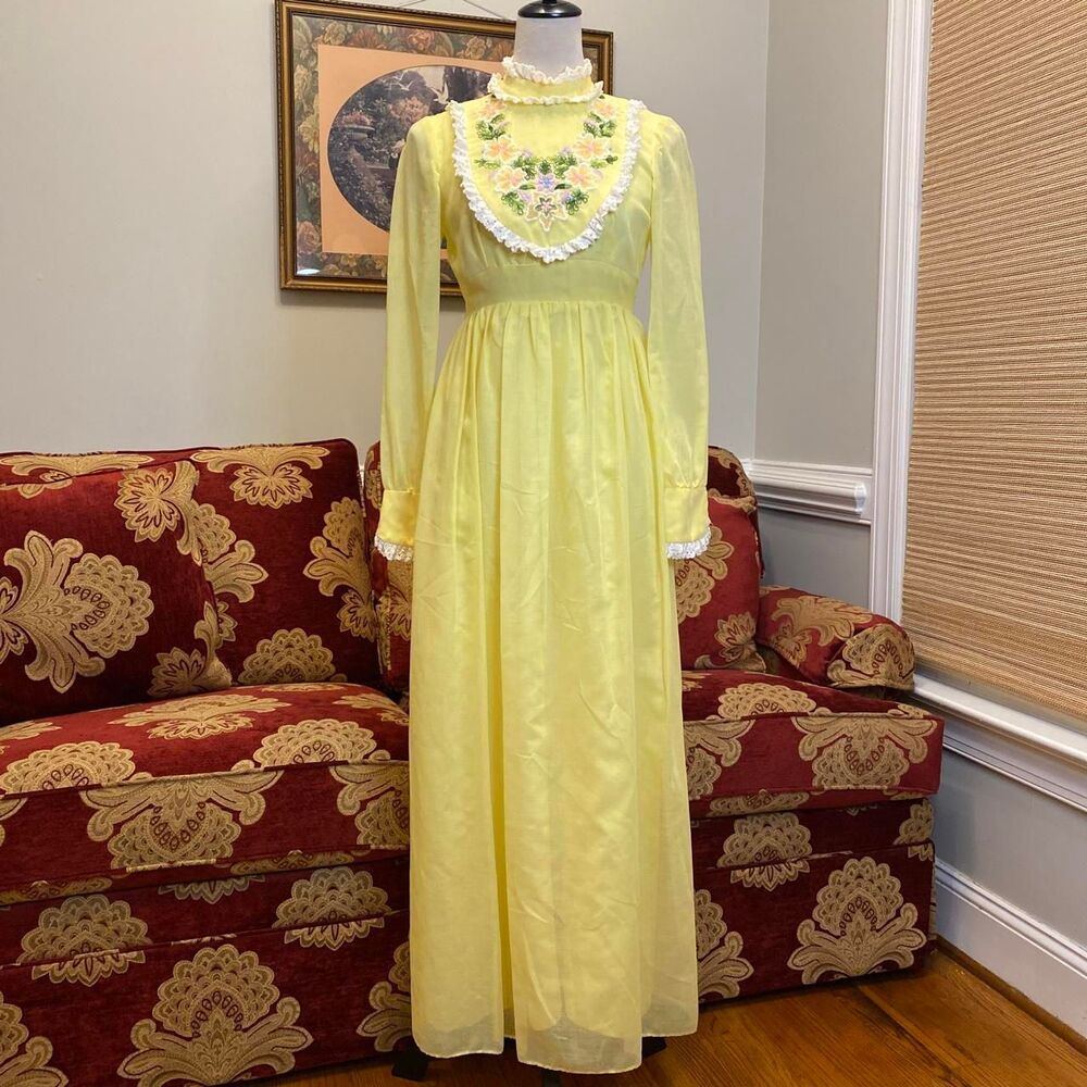 Vintage 60s 70s Yellow prairie maxi dress floral embroidery empire waist